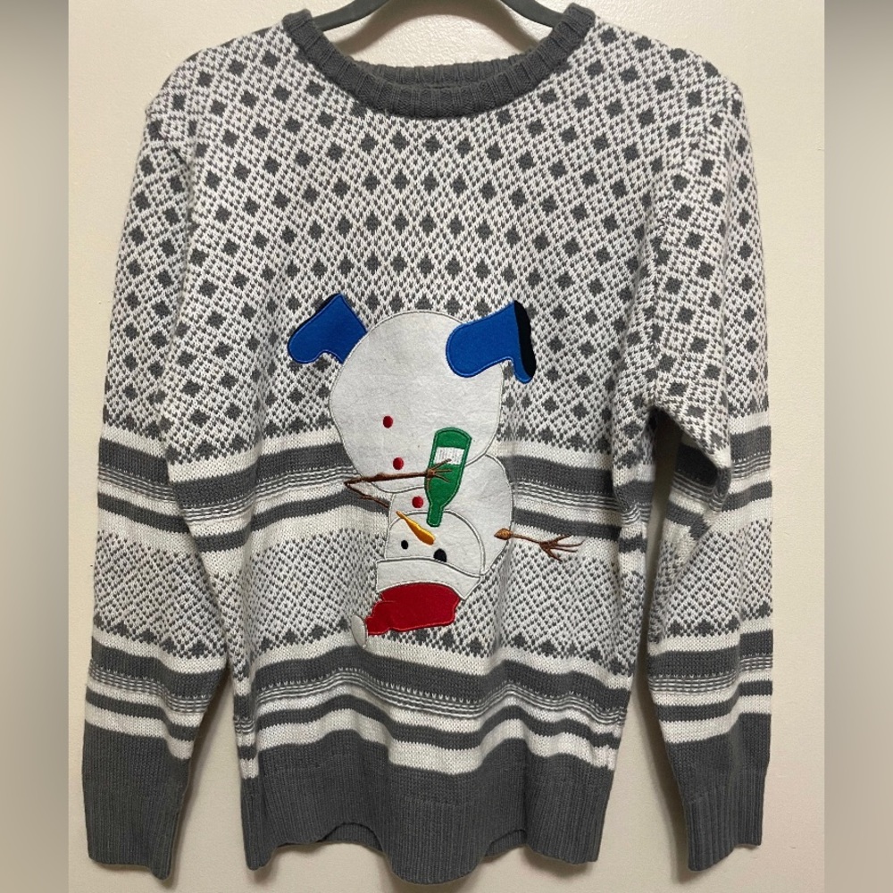 Carbon pullover grey white mens drinking snowman ugly Christmas Sweater‎ medium